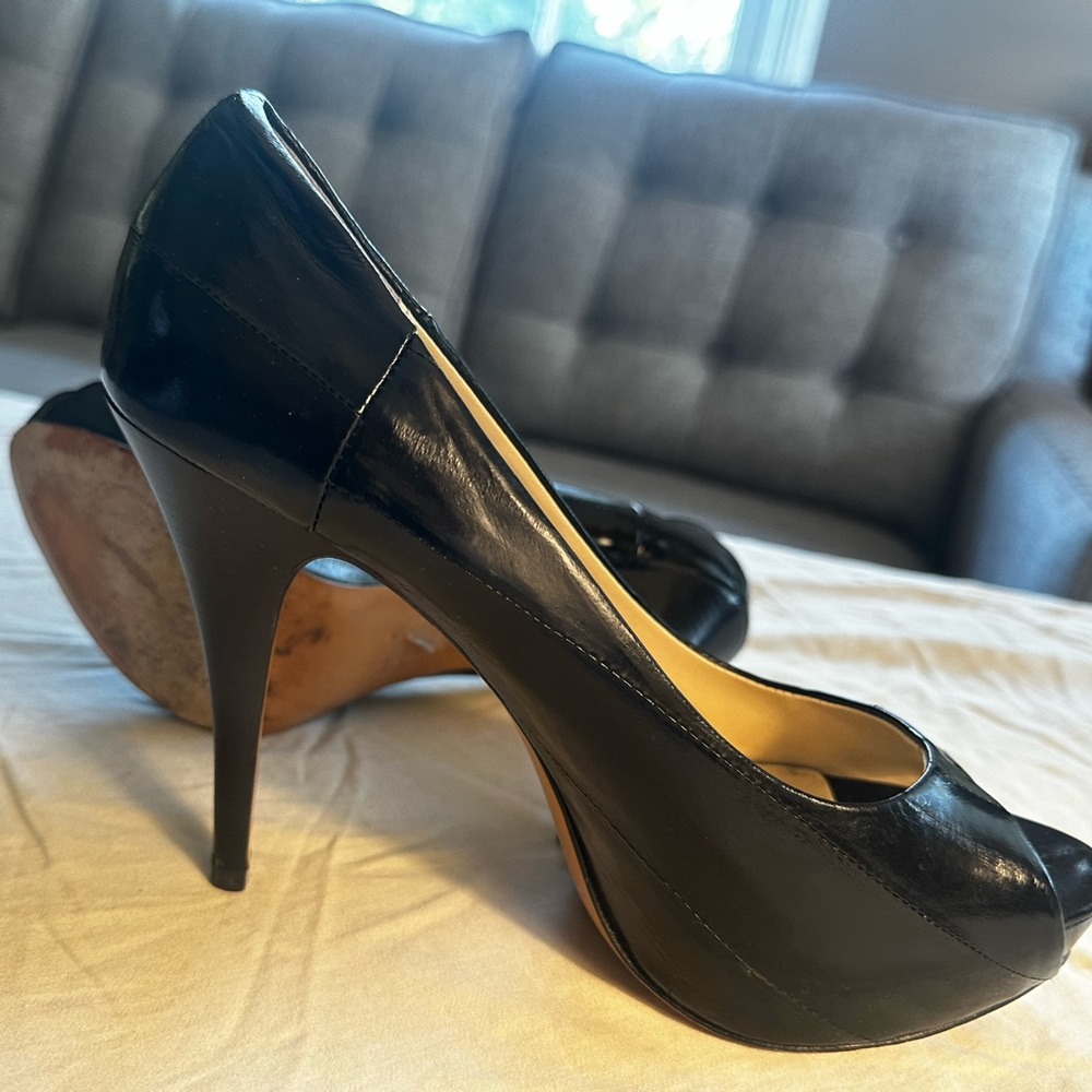 Beautiful open toe leather pump.